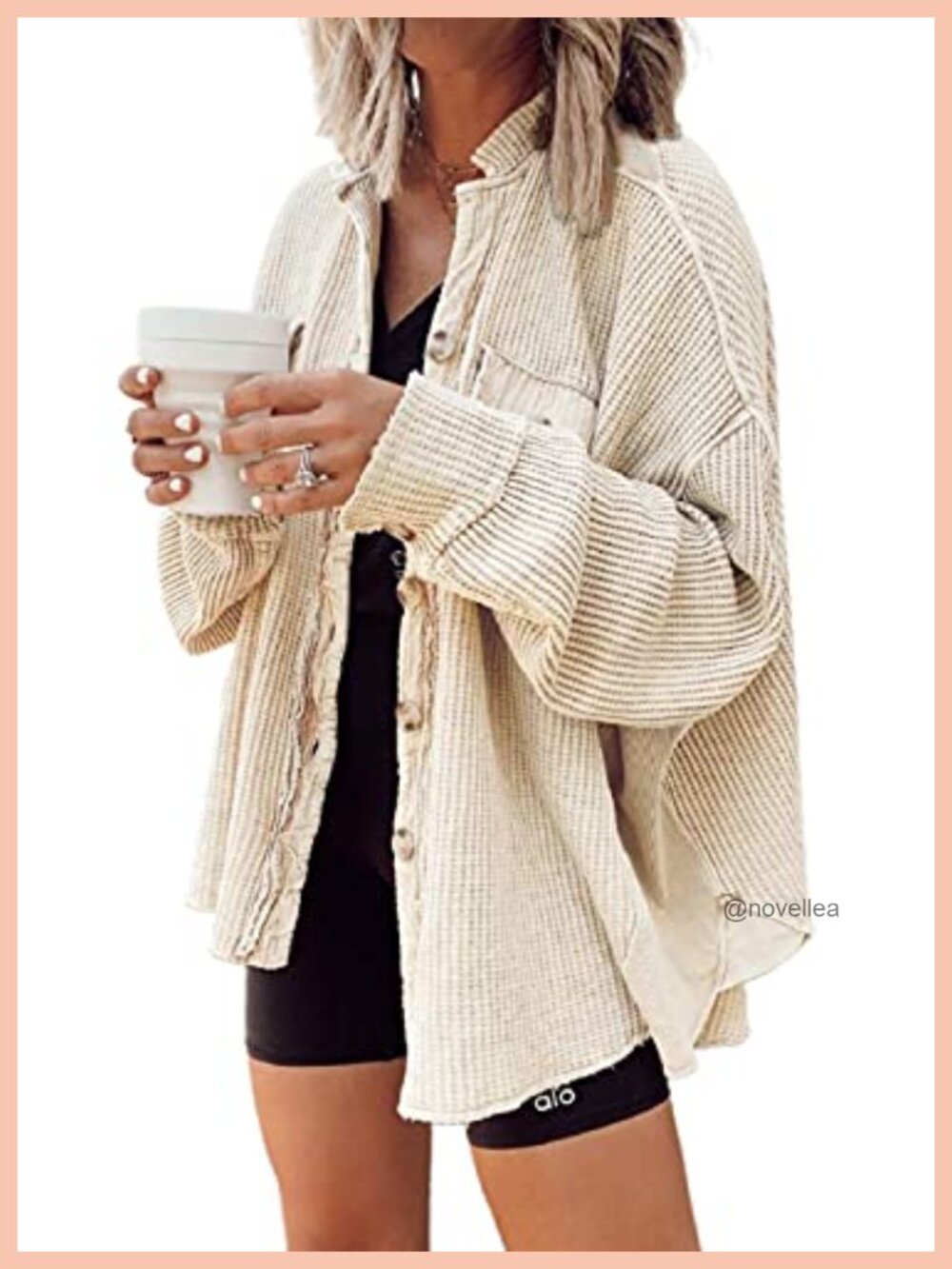 Waffle Knit Oversized Button Down Shacket Long Sleeve
